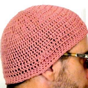 Pink Beanie Organic Cotton Hat Men Women Skull Cap Handmade Crochet Knit OS